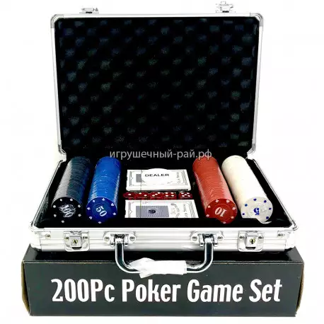 Набор для игры в покер с металлическим кейсом - переноской (200 фишек, карты, кубики) BH018