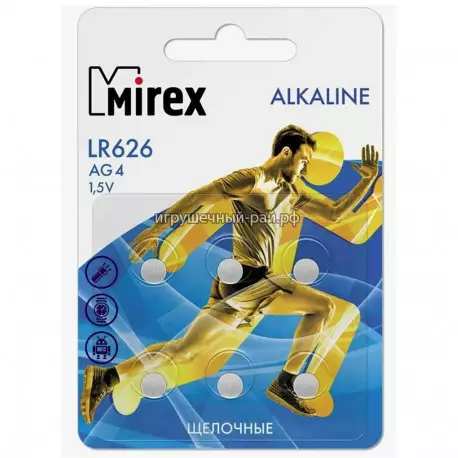 Батарея щелочная Mirex AG4 (LR626) на блистере 6 шт