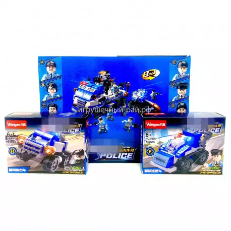 Конструктор Сити - Городская полиция (Wangao, 8 видов, ~56 дет) бокс из 16 шт 1065